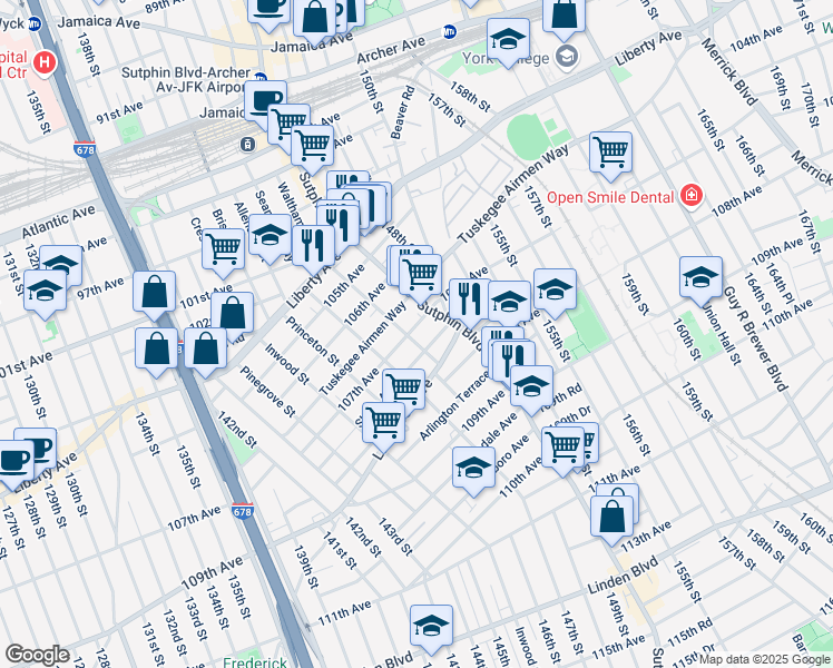 map of restaurants, bars, coffee shops, grocery stores, and more near 146-54 107th Avenue in Queens