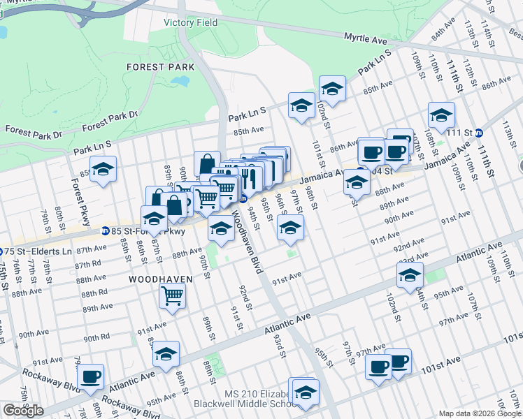 map of restaurants, bars, coffee shops, grocery stores, and more near in Queens