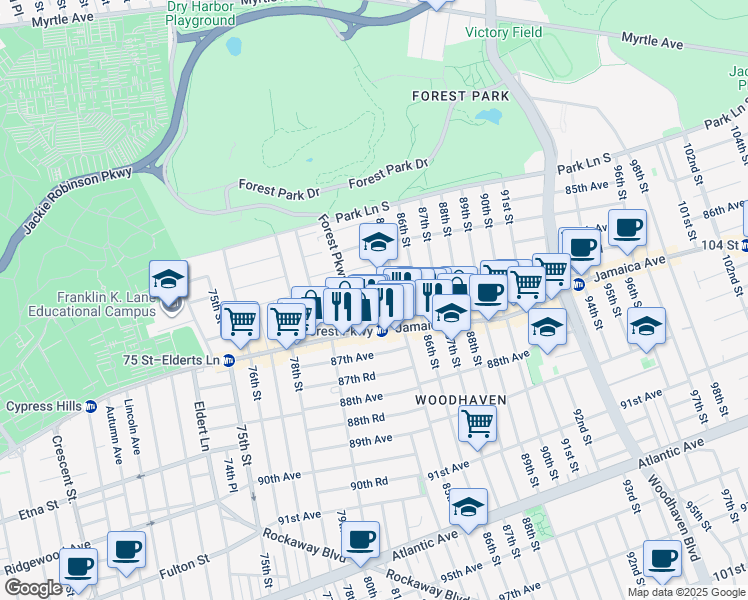 map of restaurants, bars, coffee shops, grocery stores, and more near in Queens