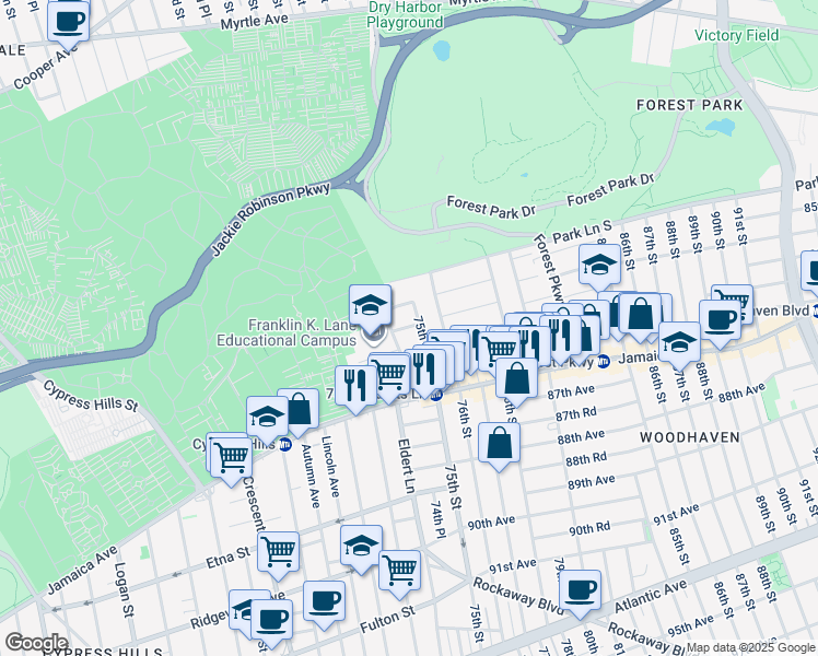 map of restaurants, bars, coffee shops, grocery stores, and more near 74-21 85th Drive in Queens
