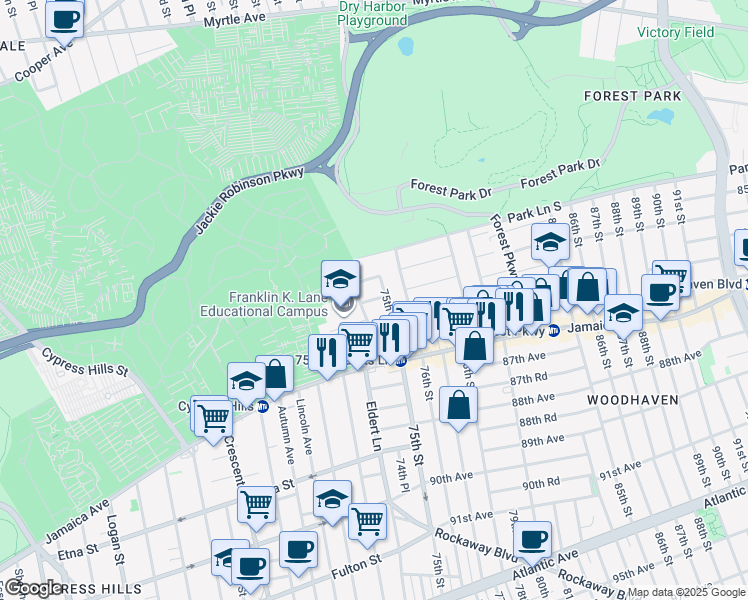 map of restaurants, bars, coffee shops, grocery stores, and more near 74-21 85th Drive in Queens