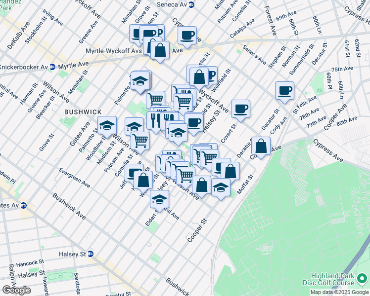 map of restaurants, bars, coffee shops, grocery stores, and more near 1217 Halsey Street in Brooklyn