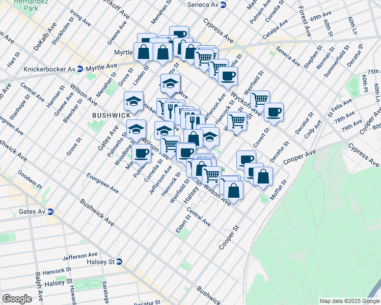 map of restaurants, bars, coffee shops, grocery stores, and more near 1336 Jefferson Avenue in Brooklyn