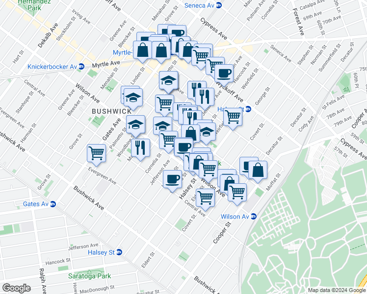 map of restaurants, bars, coffee shops, grocery stores, and more near 1336 Jefferson Avenue in Brooklyn