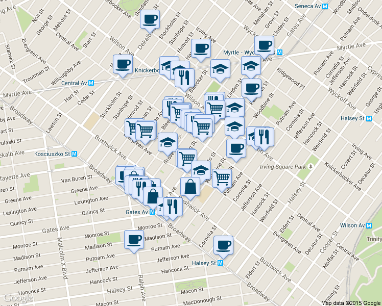 map of restaurants, bars, coffee shops, grocery stores, and more near 1257 Gates Avenue in Brooklyn