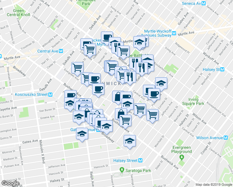 map of restaurants, bars, coffee shops, grocery stores, and more near 120 Grove Street in Brooklyn