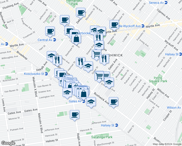 map of restaurants, bars, coffee shops, grocery stores, and more near 48 Menahan Street in Brooklyn