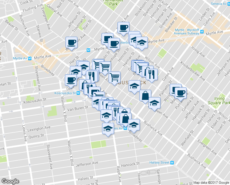 map of restaurants, bars, coffee shops, grocery stores, and more near 31 Bleecker Street in Brooklyn