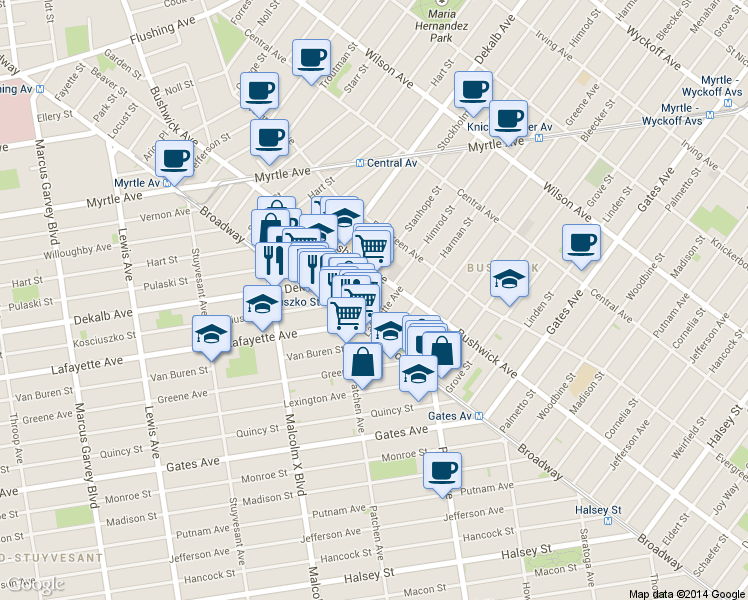 map of restaurants, bars, coffee shops, grocery stores, and more near 21 Kossuth Place in Brooklyn
