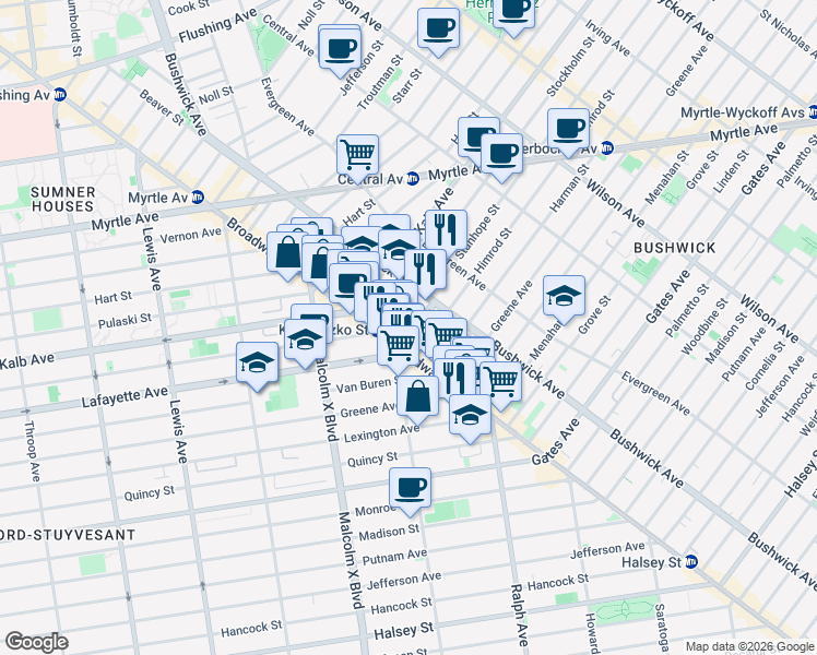 map of restaurants, bars, coffee shops, grocery stores, and more near 21 Kossuth Place in Brooklyn