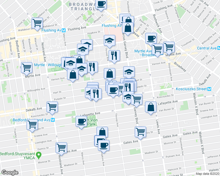 map of restaurants, bars, coffee shops, grocery stores, and more near 192 Hart Street in Brooklyn