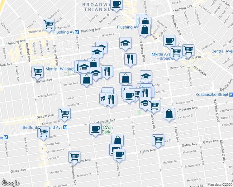 map of restaurants, bars, coffee shops, grocery stores, and more near 192 Hart Street in Brooklyn