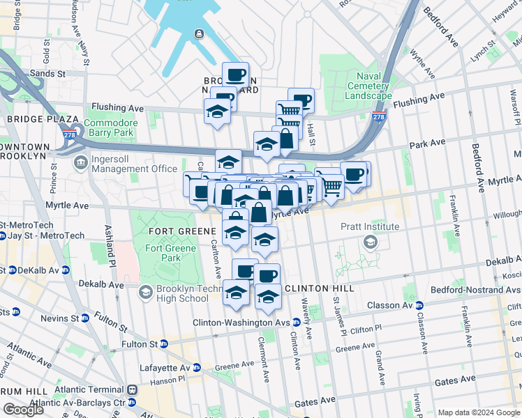 map of restaurants, bars, coffee shops, grocery stores, and more near 132 Clinton Avenue in Brooklyn