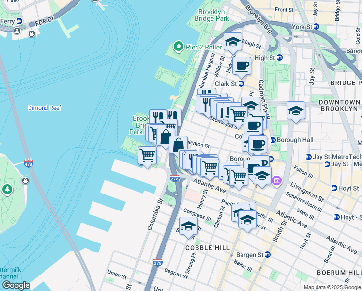 map of restaurants, bars, coffee shops, grocery stores, and more near 44 Joralemon Street in Brooklyn