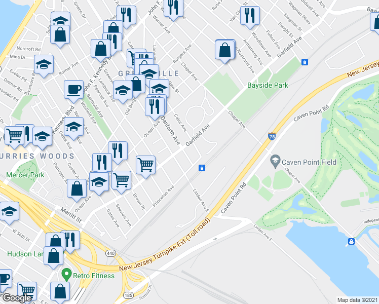 map of restaurants, bars, coffee shops, grocery stores, and more near 7 Cator Avenue in Jersey City