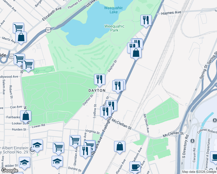 map of restaurants, bars, coffee shops, grocery stores, and more near 29 Hanford Street in Newark