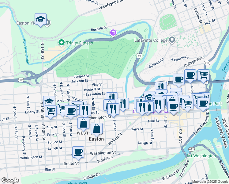 map of restaurants, bars, coffee shops, grocery stores, and more near 673 Sassafras Street in Easton