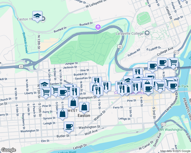 map of restaurants, bars, coffee shops, grocery stores, and more near 714 Bushkill Street in Easton