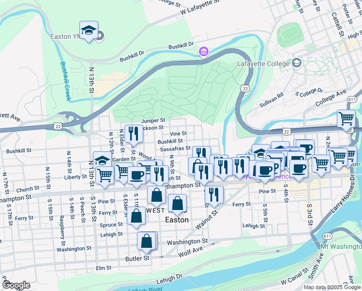 map of restaurants, bars, coffee shops, grocery stores, and more near 820 Bushkill Street in Easton