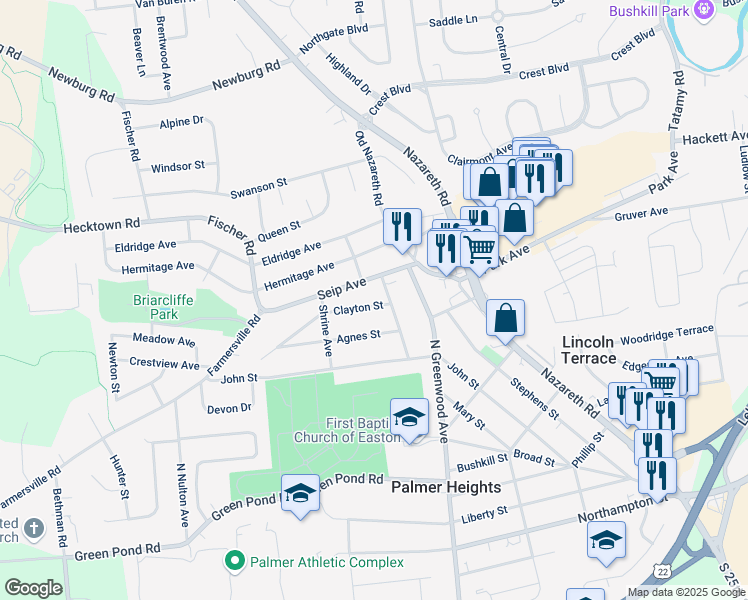 map of restaurants, bars, coffee shops, grocery stores, and more near 2911 Clayton Street in Easton