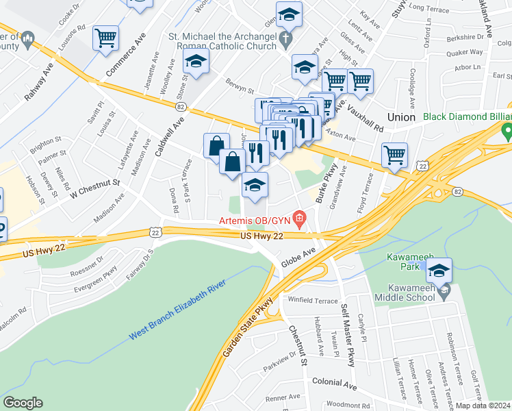 map of restaurants, bars, coffee shops, grocery stores, and more near 875 Stuyvesant Avenue in Union