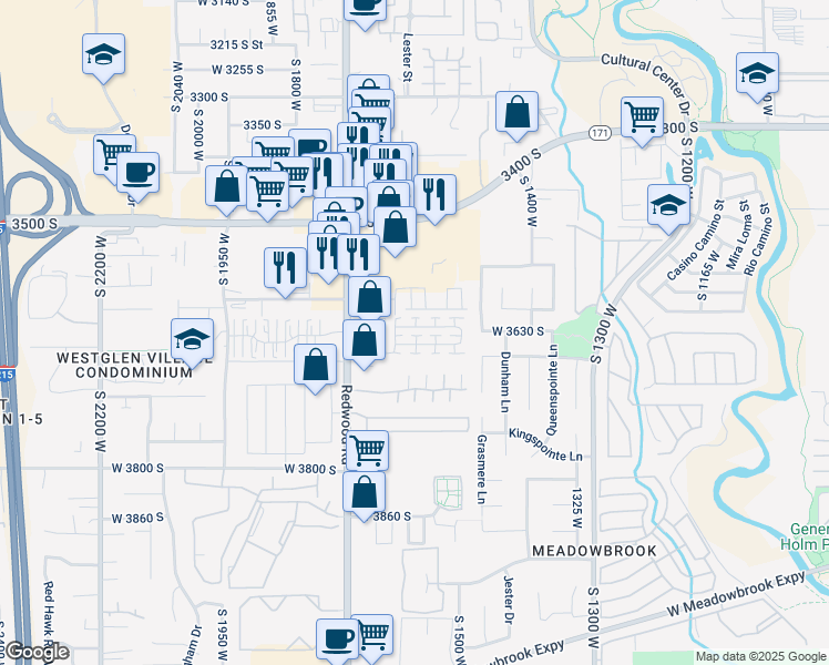map of restaurants, bars, coffee shops, grocery stores, and more near 1587 Kinloch Way in West Valley City