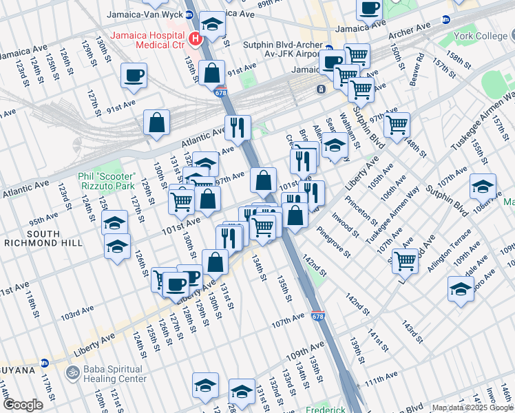 map of restaurants, bars, coffee shops, grocery stores, and more near 101-10 Van Wyck Expressway in Queens