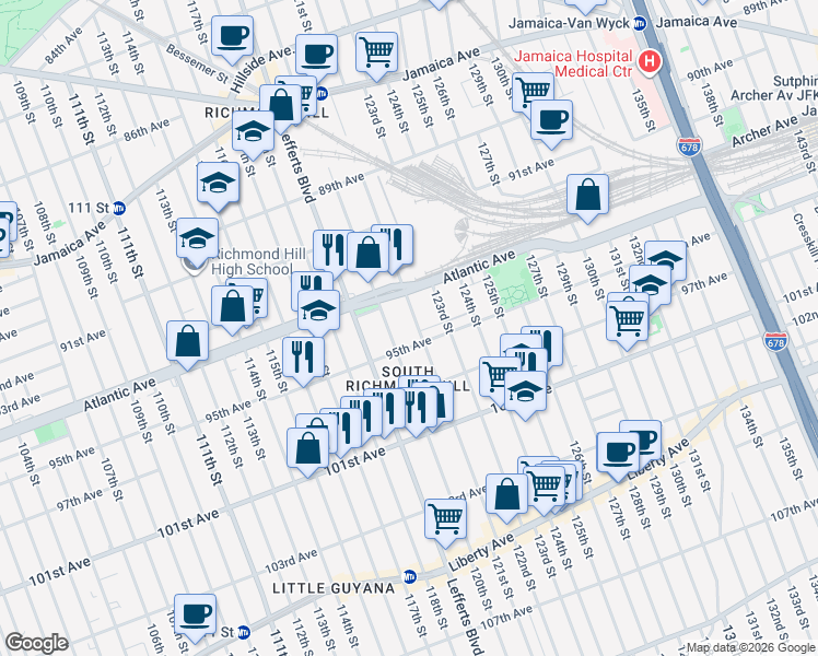 map of restaurants, bars, coffee shops, grocery stores, and more near 94-40 121st Street in Queens