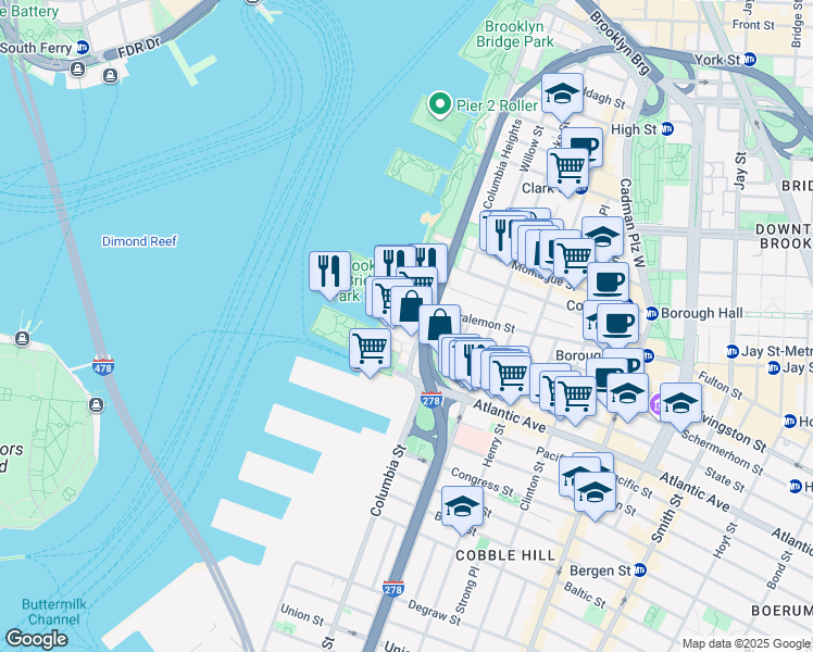 map of restaurants, bars, coffee shops, grocery stores, and more near 360 Furman Street in Brooklyn