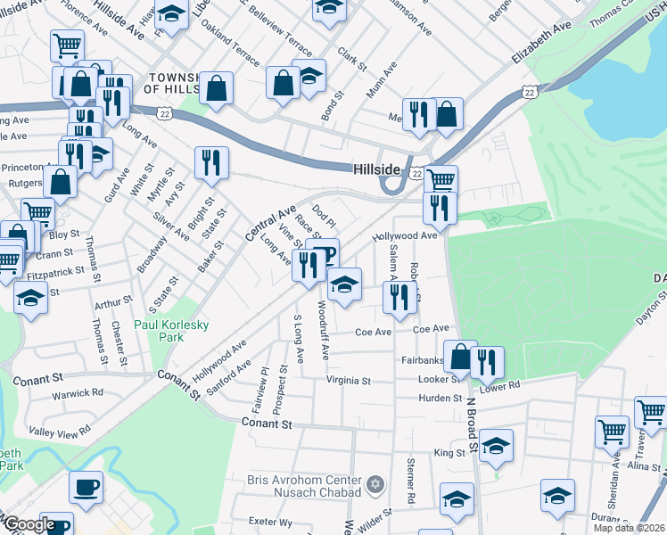 map of restaurants, bars, coffee shops, grocery stores, and more near 219 Hollywood Avenue in Hillside