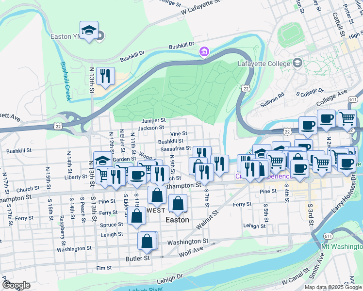 map of restaurants, bars, coffee shops, grocery stores, and more near 820 Bushkill Street in Easton