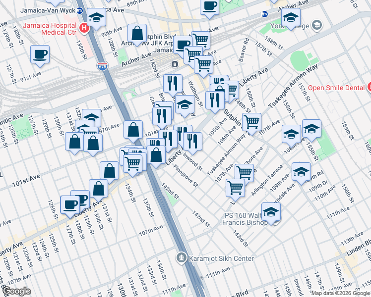 map of restaurants, bars, coffee shops, grocery stores, and more near 145-10 Liberty Avenue in Queens