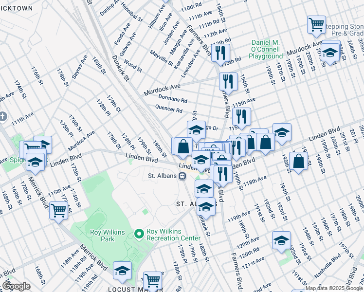 map of restaurants, bars, coffee shops, grocery stores, and more near 115-51 Dunkirk Street in Queens