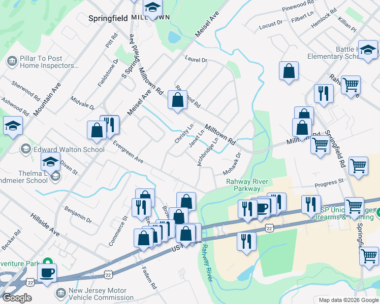 map of restaurants, bars, coffee shops, grocery stores, and more near 30 Janet Lane in Springfield