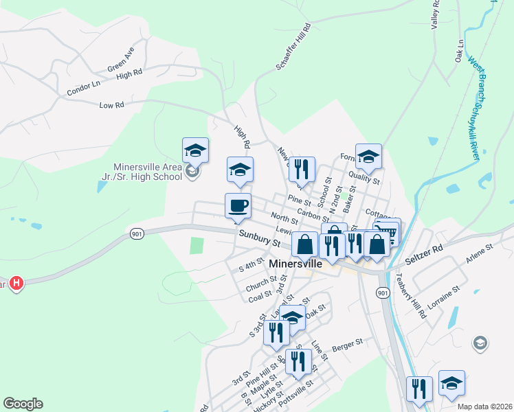 map of restaurants, bars, coffee shops, grocery stores, and more near 454 North Street in Minersville