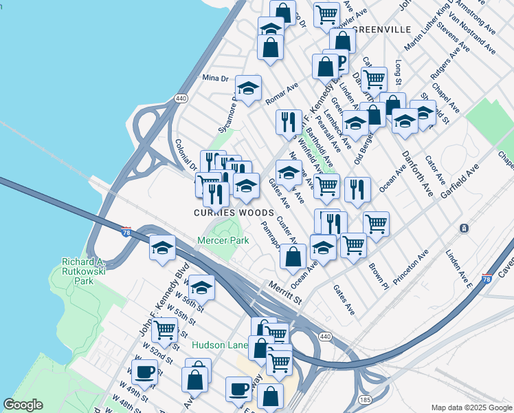 map of restaurants, bars, coffee shops, grocery stores, and more near 100 Pamrapo Avenue in Jersey City