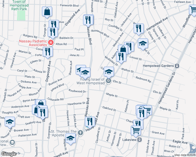 map of restaurants, bars, coffee shops, grocery stores, and more near 650 Adams Avenue in West Hempstead