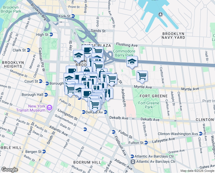 map of restaurants, bars, coffee shops, grocery stores, and more near 166 Myrtle Avenue in Brooklyn
