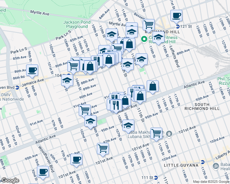 map of restaurants, bars, coffee shops, grocery stores, and more near 87-90 109th Street in Queens