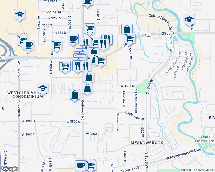 map of restaurants, bars, coffee shops, grocery stores, and more near 1547 Kinloch Way in West Valley City