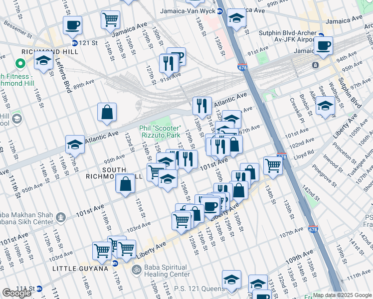 map of restaurants, bars, coffee shops, grocery stores, and more near 127-07 97th Avenue in Queens