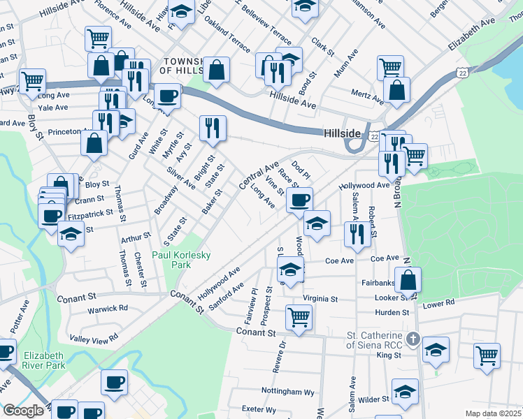 map of restaurants, bars, coffee shops, grocery stores, and more near 11 Park Street in Hillside