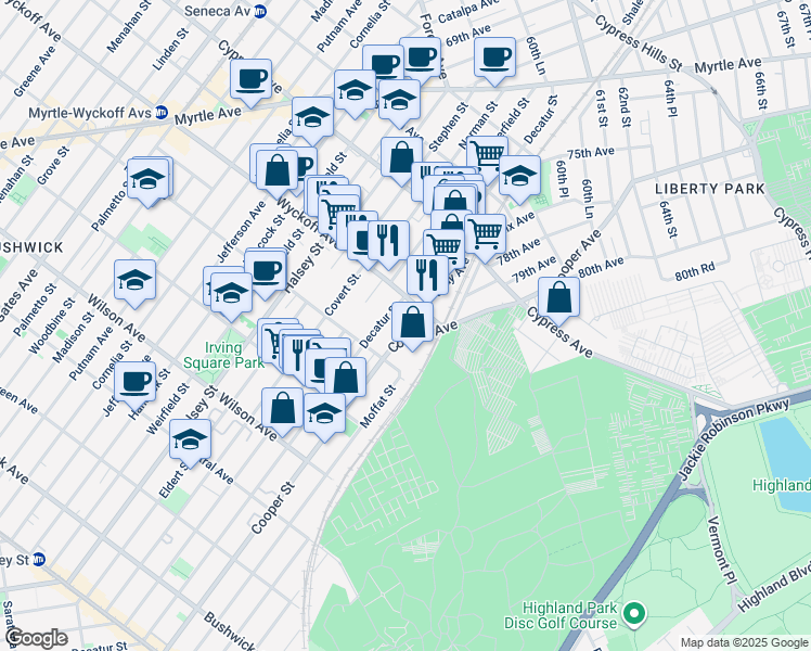 map of restaurants, bars, coffee shops, grocery stores, and more near 53-25 Cooper Avenue in Queens