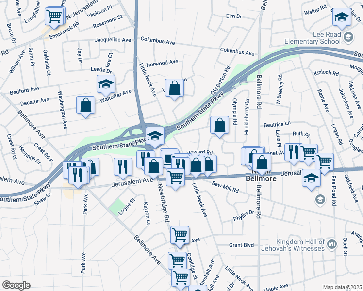 map of restaurants, bars, coffee shops, grocery stores, and more near 1121 Little Neck Avenue in North Bellmore