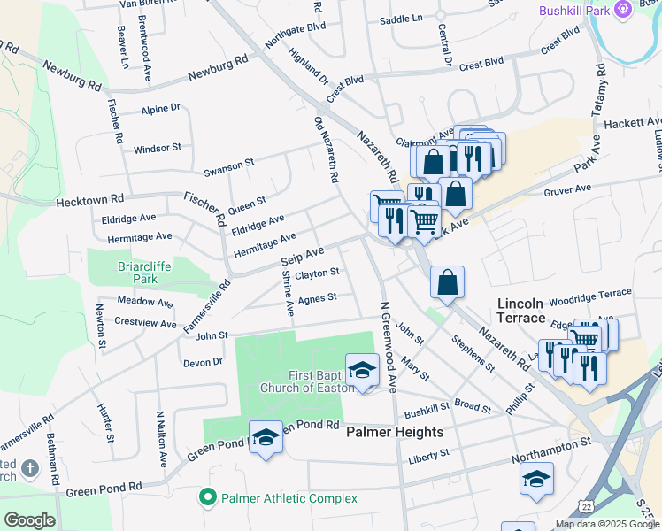 map of restaurants, bars, coffee shops, grocery stores, and more near 2911 Clayton Street in Easton