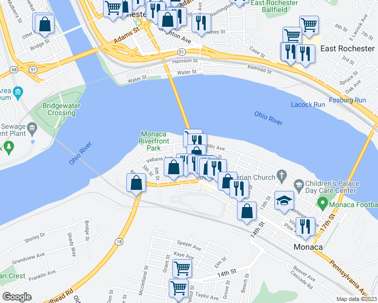 map of restaurants, bars, coffee shops, grocery stores, and more near 831 Indiana Avenue in Monaca
