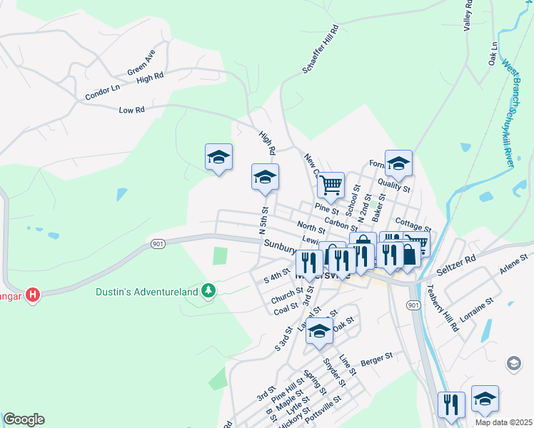 map of restaurants, bars, coffee shops, grocery stores, and more near 207 North 5th Street in Minersville