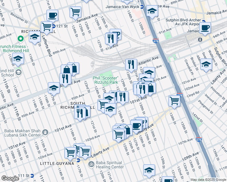 map of restaurants, bars, coffee shops, grocery stores, and more near 95-25 126th Street in Queens