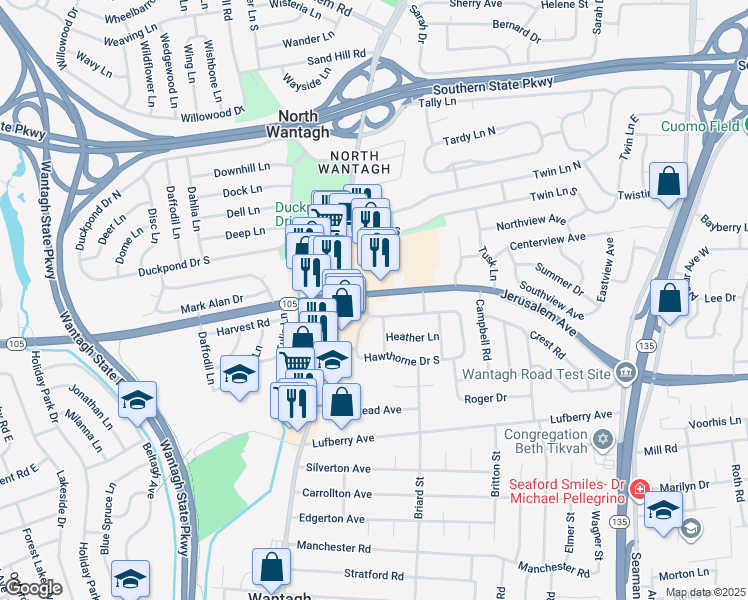 map of restaurants, bars, coffee shops, grocery stores, and more near 3400 Jerusalem Ave in Wantagh