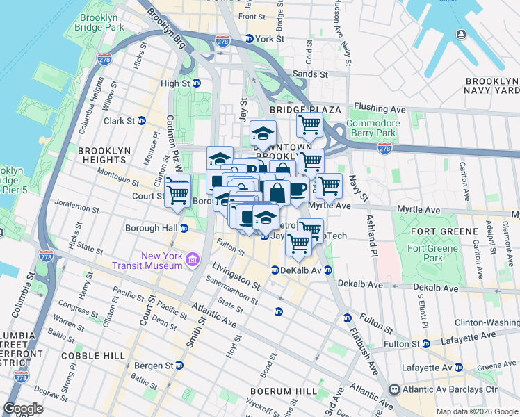 map of restaurants, bars, coffee shops, grocery stores, and more near 2 MetroTech Center in Brooklyn